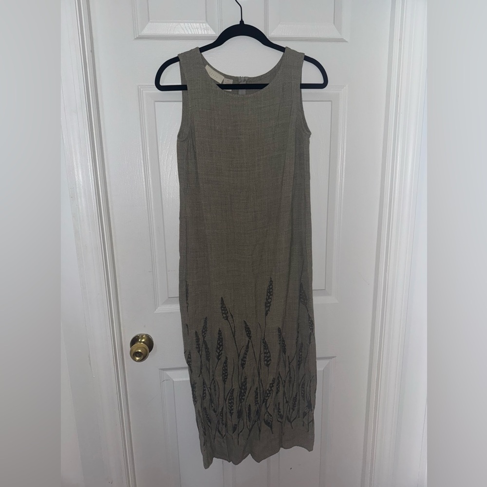J Jill Vintage Linen Style Grey Dress With Grass Cutouts